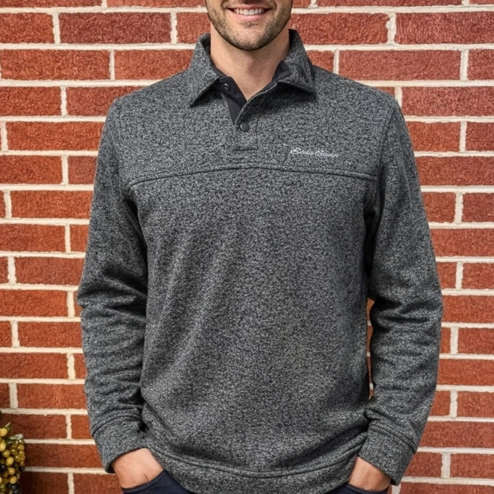 -Eddie Bauer Radiator Fleece Grey Pullover Sweater W/ Grey Trim Warm Mens Medium